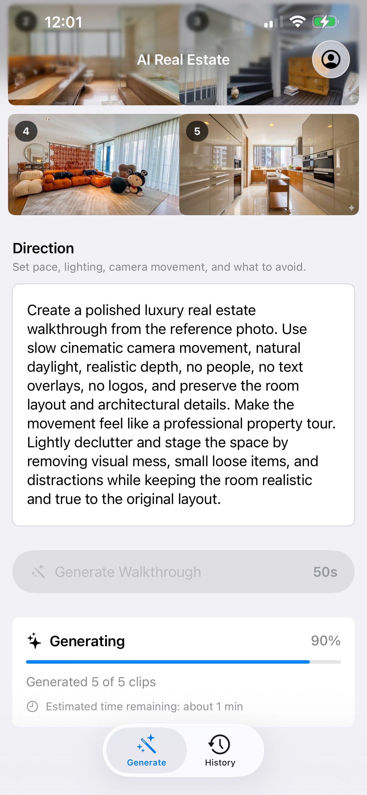 AI Real Estate generation screen with direction prompt and progress