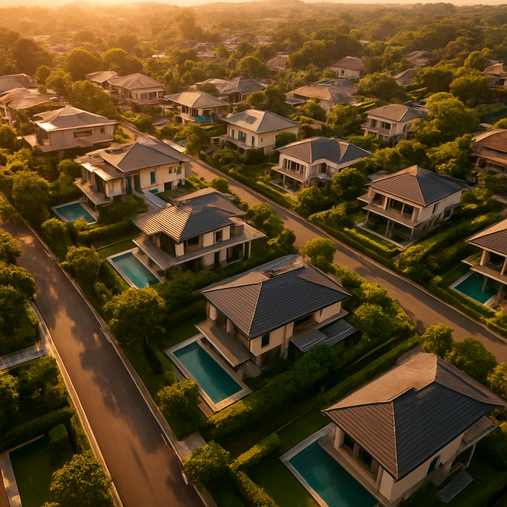 Aerial view of a luxury landed property neighborhood in Singapore at golden hour